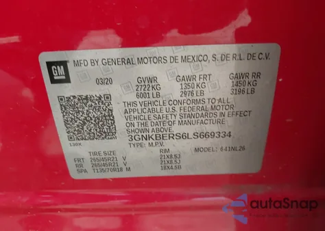 2020 Chevrolet Blazer Fwd Rs z USA, uszkodzony, nr VIN 3GNKBERS6LS669334